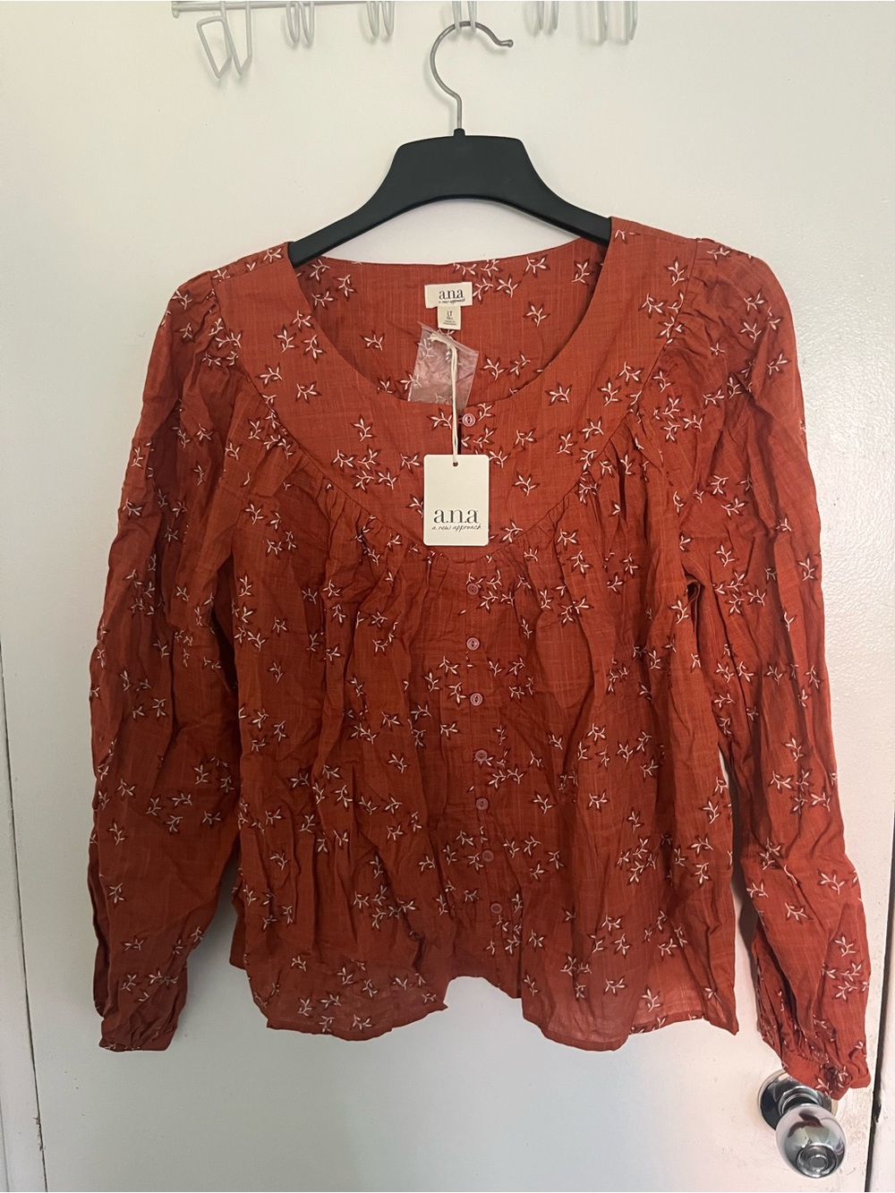 a.n.a Rust Orange Floral Embroidered Peasant Top